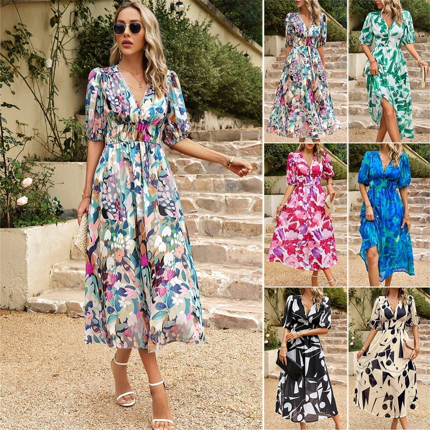 Floral Enchantment: V-Neck Waistline Dress