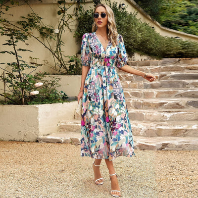 Floral Enchantment: V-Neck Waistline Dress